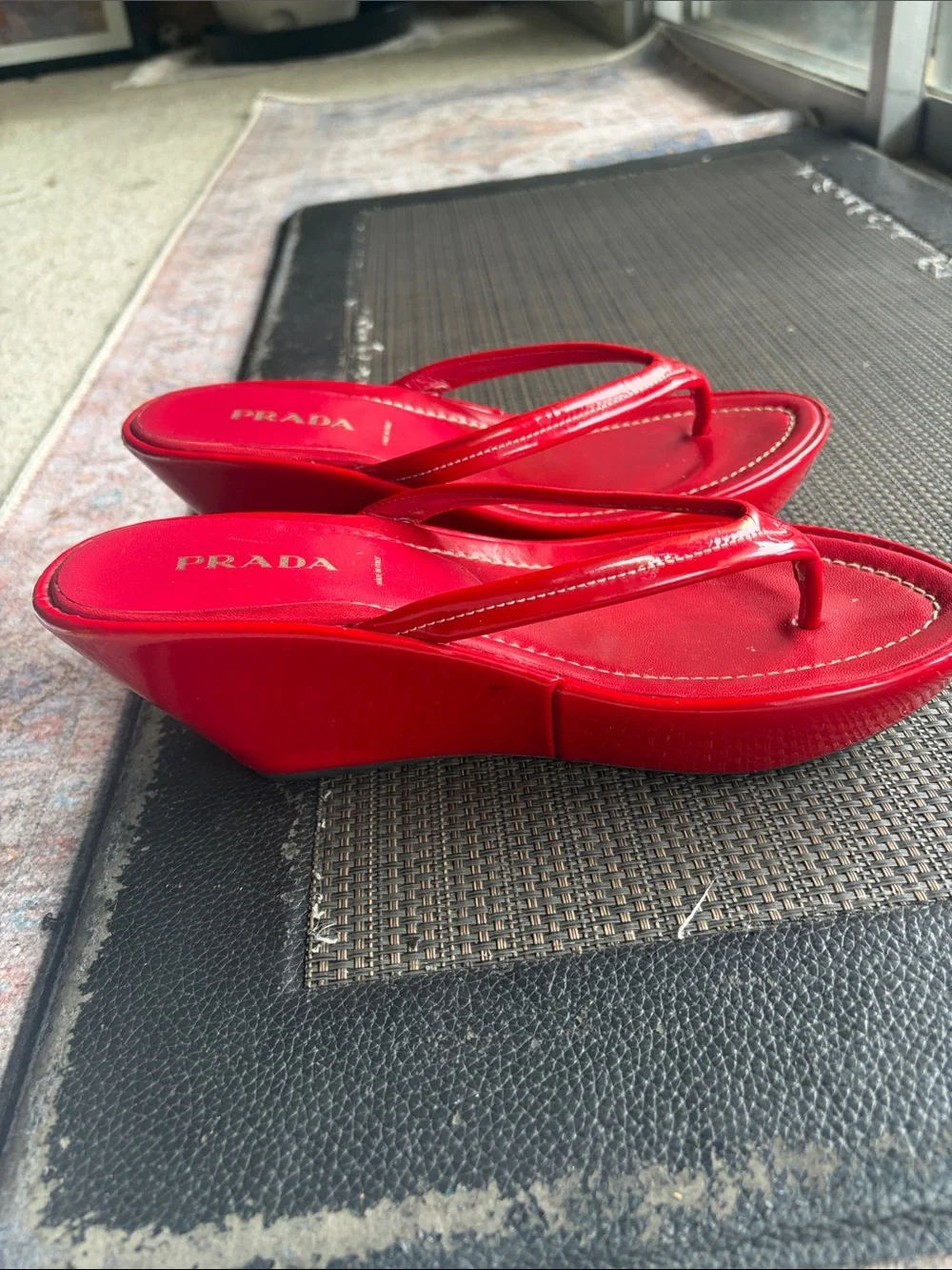 PRADA Red Patent Leather Thong wedge sandals